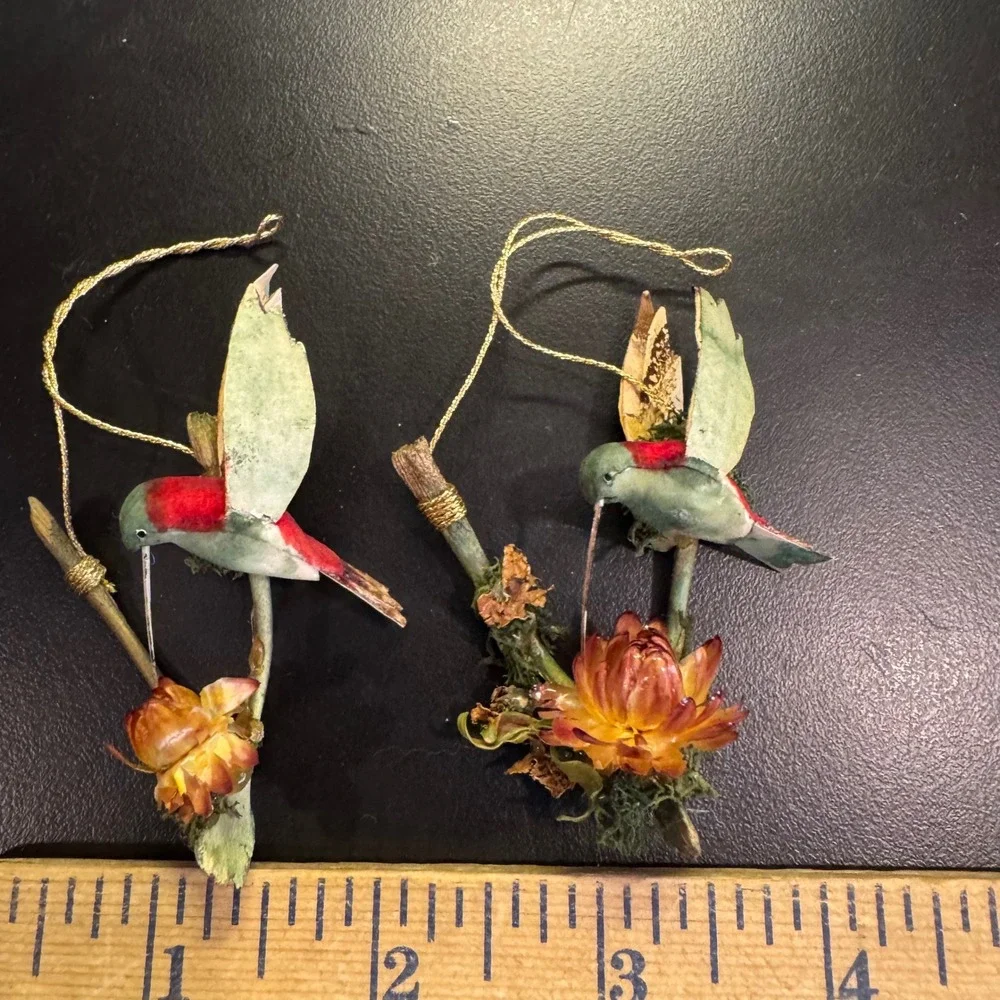 Hummingbird Ornament Set 2 Small Green Red Dried Flower Woodland Nature Decor